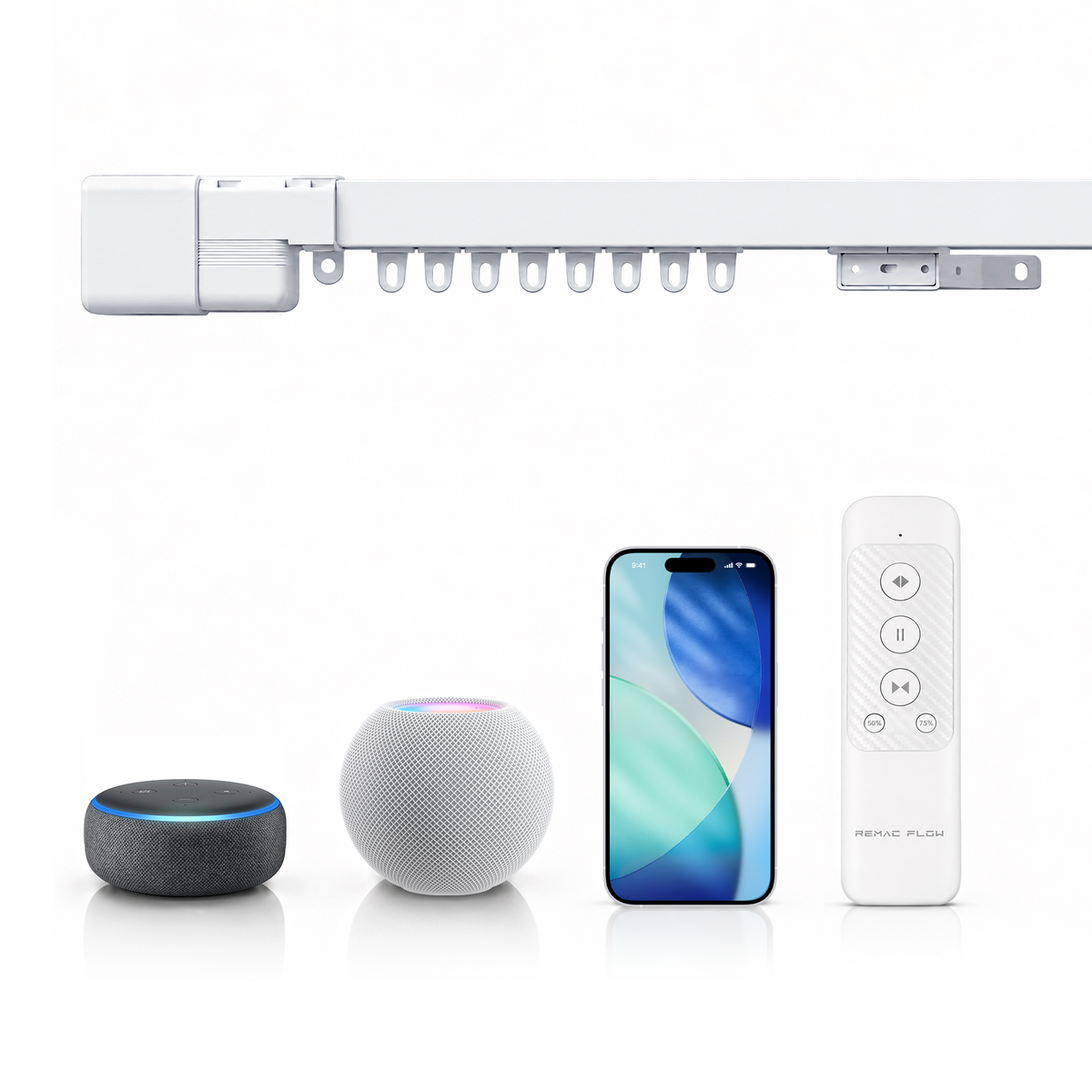 RezeFlow M1 No-Cut Motorized Smart Curtain Track, Apple Home Certified Matter Works with HomeKit Alexa Google Siri, Ceiling/Wall Mount