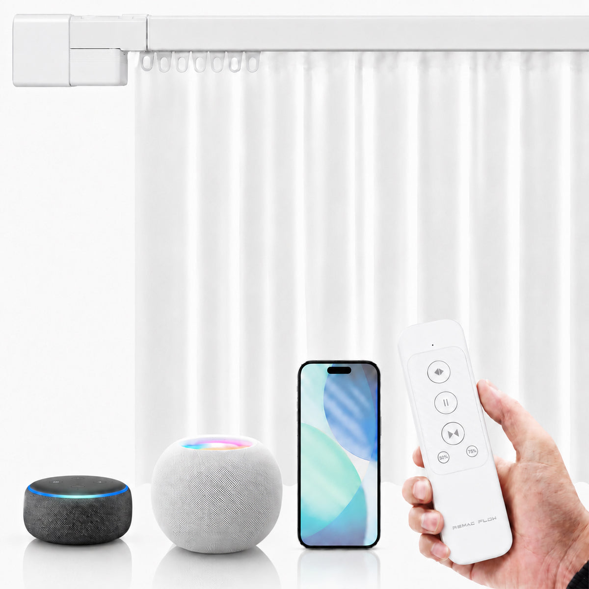 RezeFlow M1 No-Cut Motorized Smart Curtain Track, Apple Home Certified Matter Works with HomeKit Alexa Google Siri, Ceiling/Wall Mount